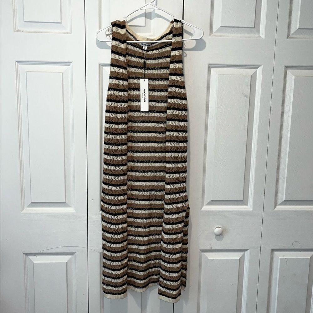 NEW Vigoss Womens Small Brown Black White Loose Knit crochet Cardigan Cotton